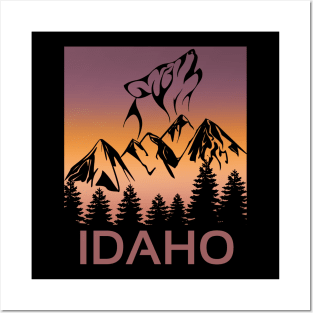 Idaho Sunset Wolf Howling at The Moon Trees and Mountains Posters and Art